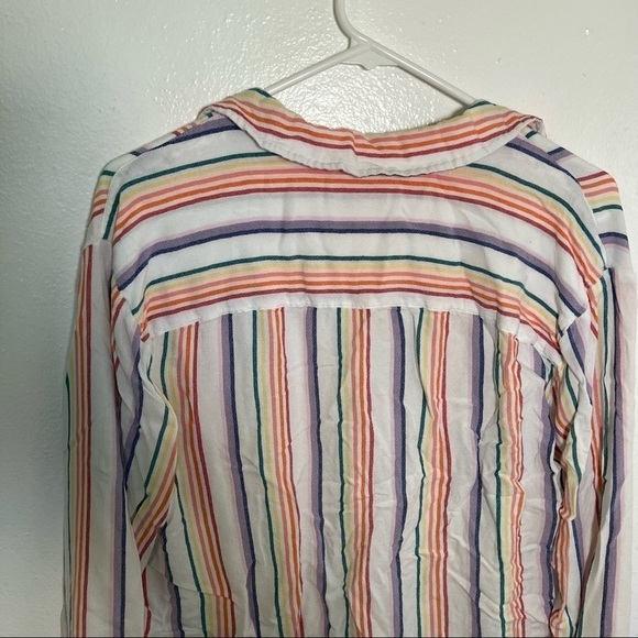 SO Button Down Tie Front Top White Rainbow Stripes - Picture 9 of 11